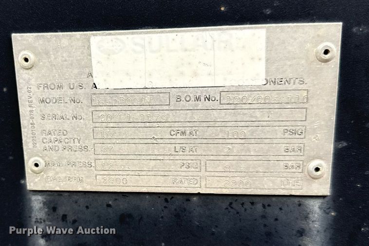 image for item DY8078 Sullair 185 air compressor