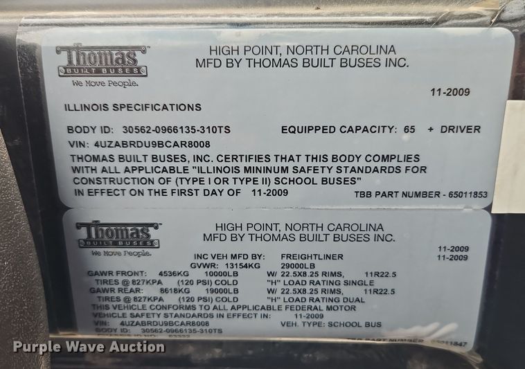 image for item EB7998 2011 Thomas Built Bus 65 school bus