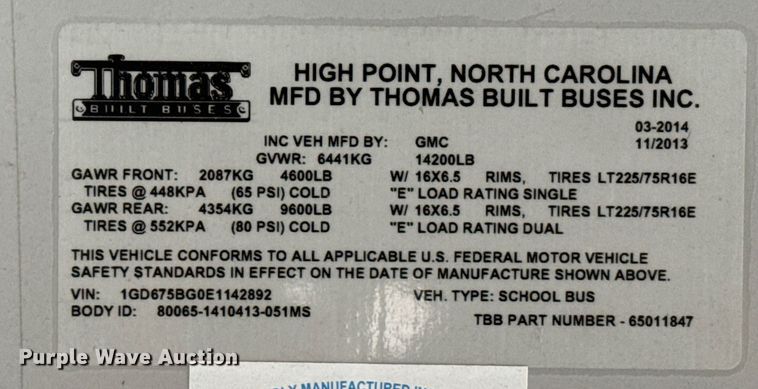 image for item EG6397 2015 Thomas Built Savana G4500 school bus