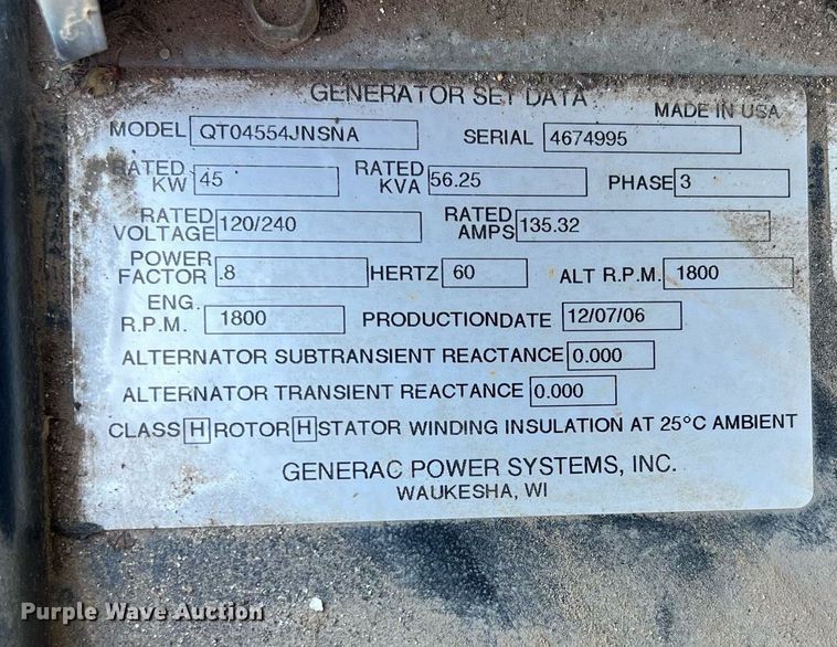 image for item EG8365 2006 Generac QT04554JNSNA generator