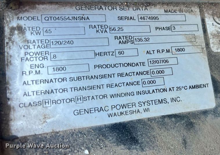 2006 Generac QT04554JNSNA generator in Tulsa, OK | Item