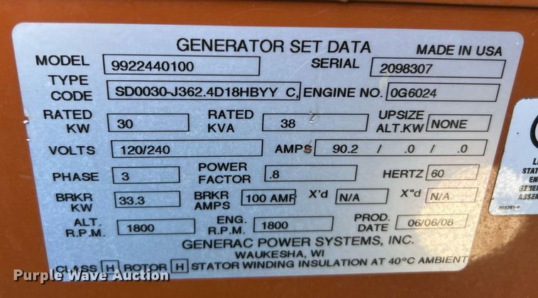 image for item EG8369 2008 Generac 9922440100 generator