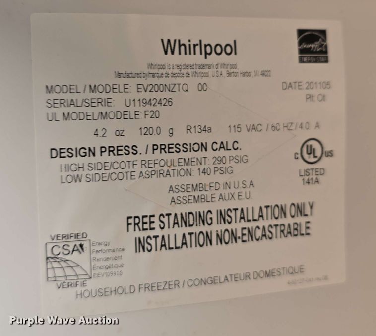 image for item EH8915 2011 Whirlpool EV200NZTQ freezer