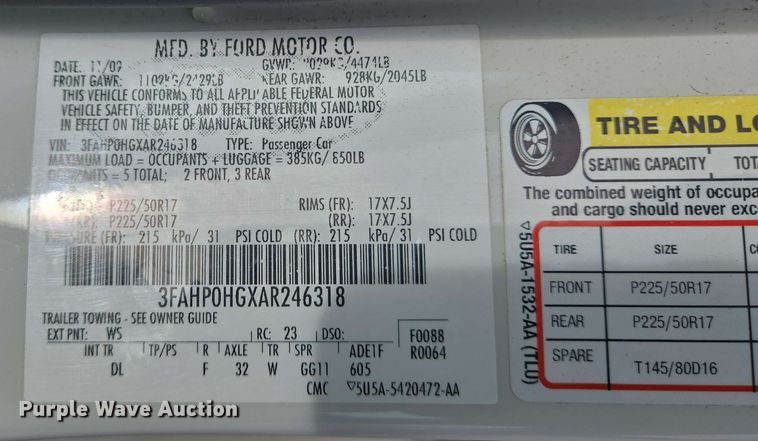 image for item EJ7521 2010 Ford Fusion 