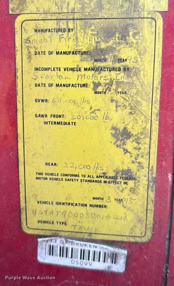 image for item EJ8709 1995 Spartan Gladiator ladder fire truck