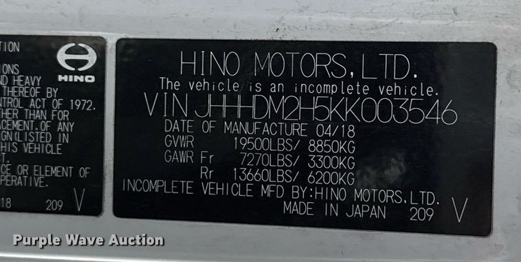 image for item EJ8711 2019 Hino 195 refuse truck