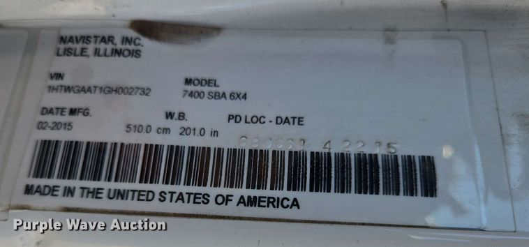 image for item EJ8712 2016 International 7400 refuse truck