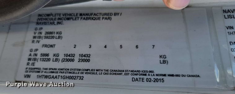 image for item EJ8712 2016 International 7400 refuse truck