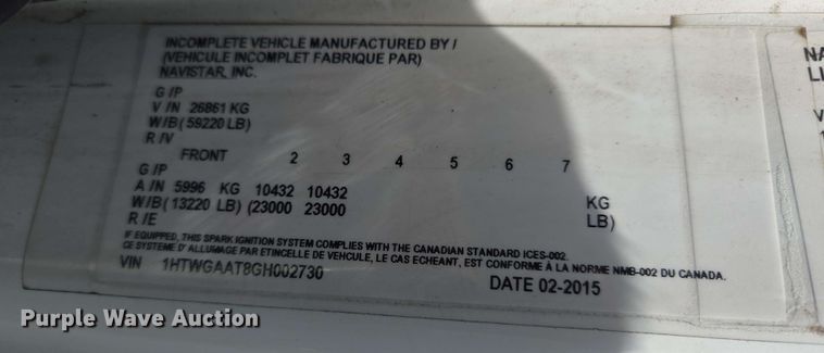 image for item EJ8730 2016 International 7400 refuse truck