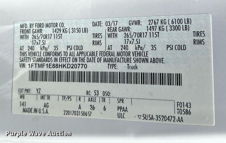 image for item EK2962 2017 Ford F150 XL pickup truck