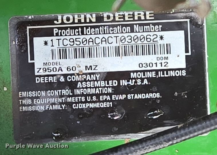 image for item EN3576 2012 John Deere Z950A ZTR lawn mower