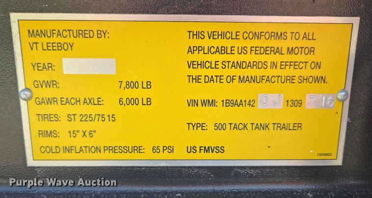 image for item EN3653 2018 LeeBoy 500 Tack Tank asphalt distributor trailer