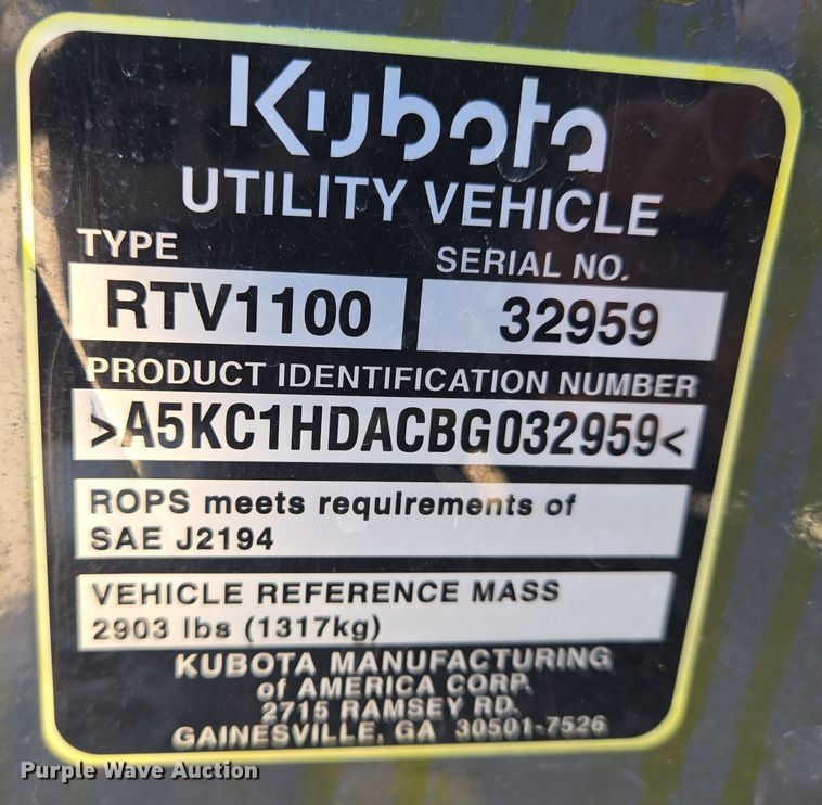 image for item EN8929 2011 Kubota RTV1100 utility vehicle