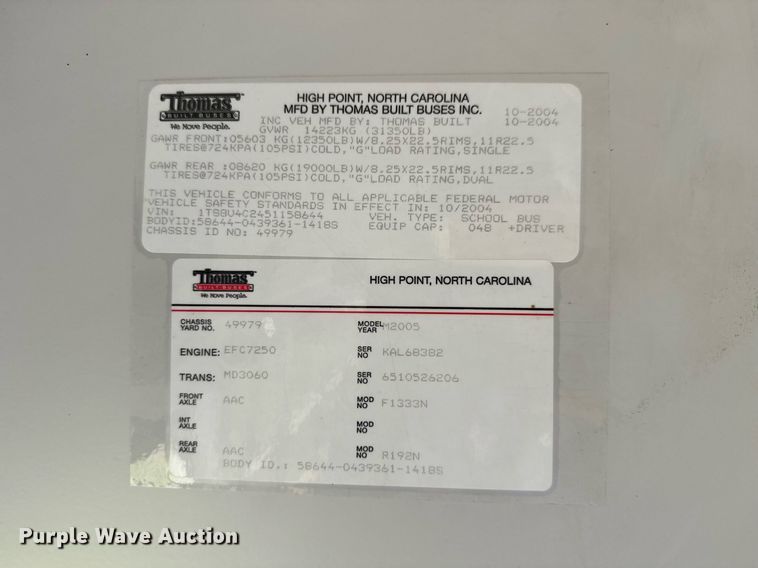 image for item EQ1403 2005 Thomas Built Saf-T-Liner MVP EF school bus