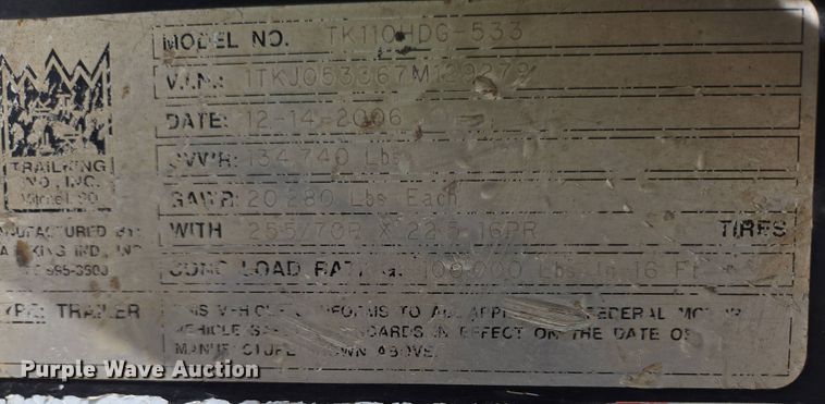 image for item DP6354 2007 Trail King TK110HDG-533 lowboy equipment trailer