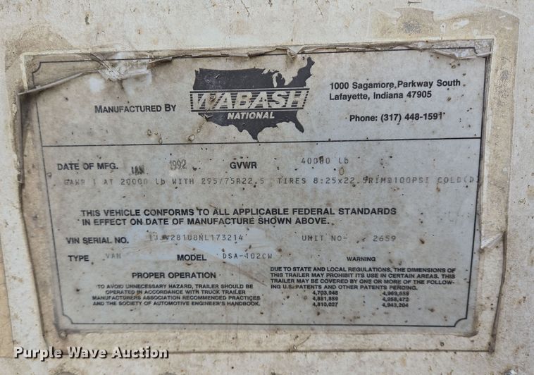 image for item DT4811 1992 Wabash DSA-102CW dry van trailer