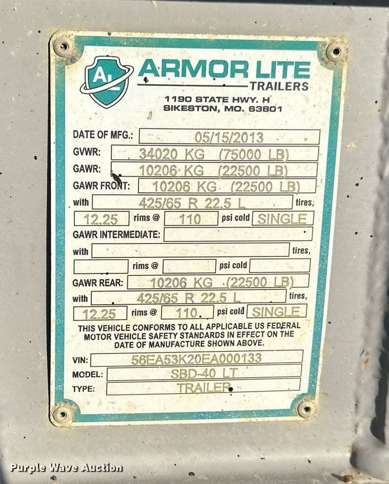 image for item EA2402 2014 Armor Lite SBD-40 LT bottom dump trailer