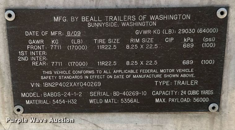 image for item EA2413 2010 Beall BABDS-24-1-2 bottom dump trailer