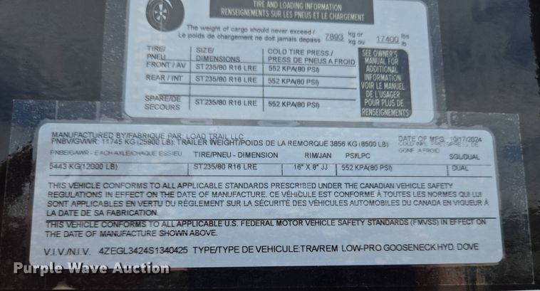 image for item EC4188 2025 Load Trail hydraulic tail equipment trailer