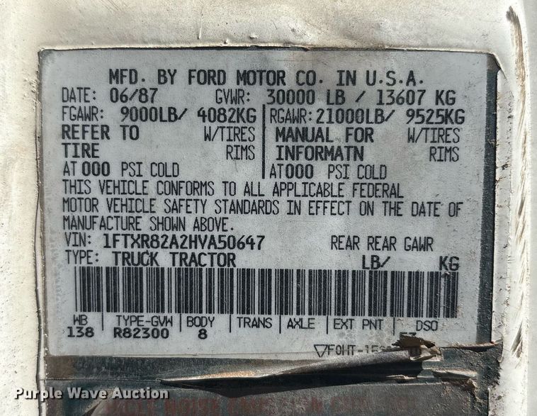 image for item EF3030 1987 Ford L8000 semi truck