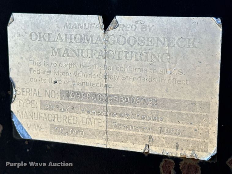 image for item EG6394 1995 Oklahoma Gooseneck equipment trailer