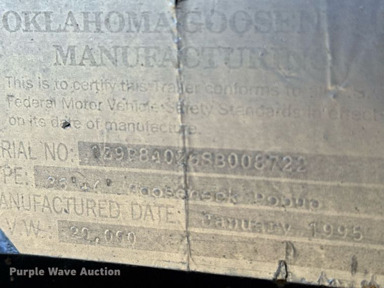 image for item EG6394 1995 Oklahoma Gooseneck equipment trailer