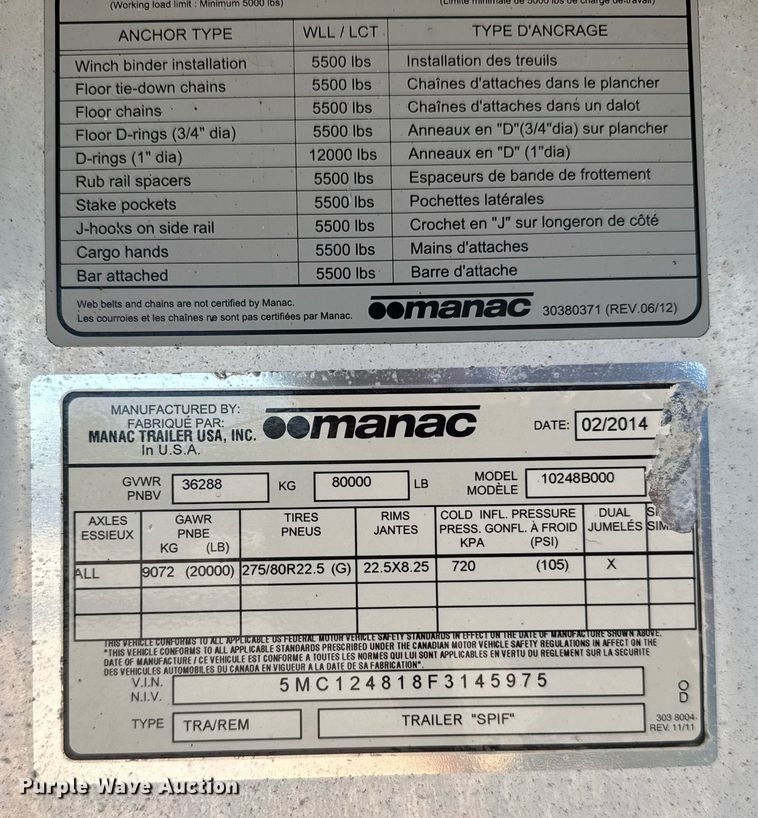 image for item EG6443 2015 Manac flatbed trailer