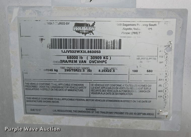 image for item EJ7477 2003 Wabash 1JJ dry van trailer