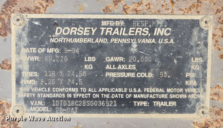 image for item EJ7516 1995 Dorsey 28-DAT end dump trailer