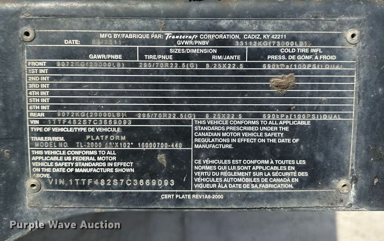 image for item EN3023 2012 Transcraft TL200 flatbed trailer