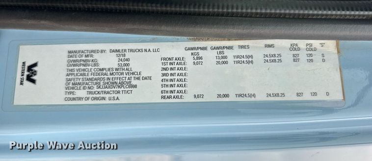 image for item EQ1420 2019 Western Star 4700SB semi truck