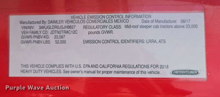 image for item FB9384 2018 Freightliner Cascadia 125 semi truck