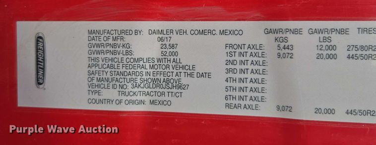 image for item FB9384 2018 Freightliner Cascadia 125 semi truck