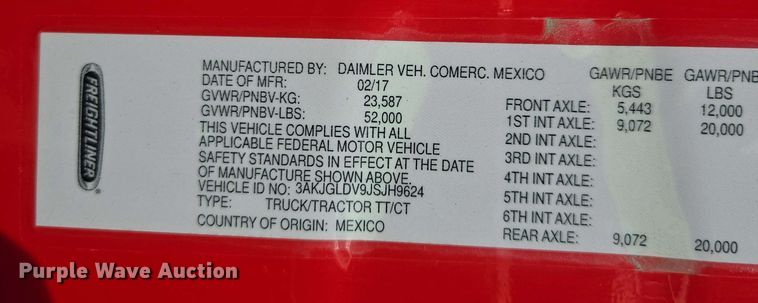 image for item FB9385 2018 Freightliner Cascadia125 semi truck