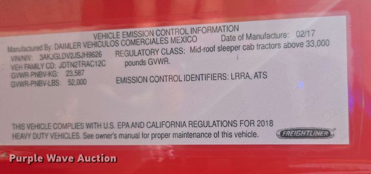 image for item FB9386 2018 Freightliner Cascadia125 semi truck