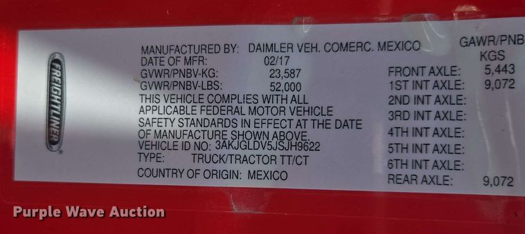 image for item FB9387 2018 Freightliner Cascadia 125 semi truck