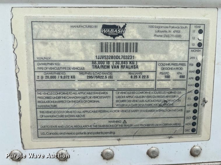 image for item YA0264 2013 Wabash RFALHSA refrigerated van trailer