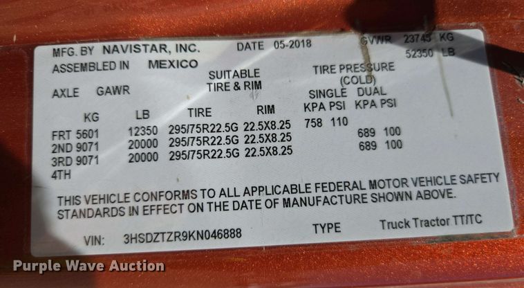 image for item YA0453 2019 International LT625 semi truck