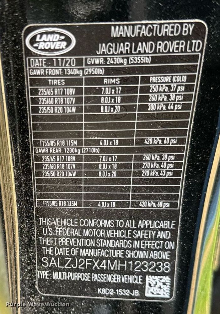 image for item DH9944 2021 Land Rover Range Rover Evoque SUV