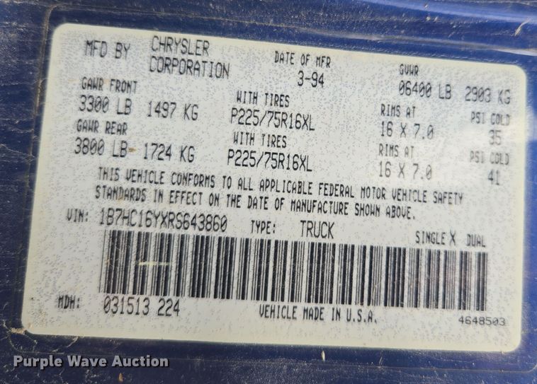 image for item DP6679 1994 Dodge Ram 1500 pickup truck