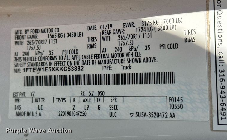 image for item DS3697 2019 Ford F150 SuperCrew pickup truck