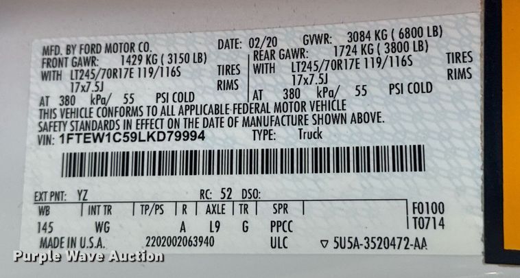 image for item DS3701 2020 Ford F150 SuperCrew pickup truck