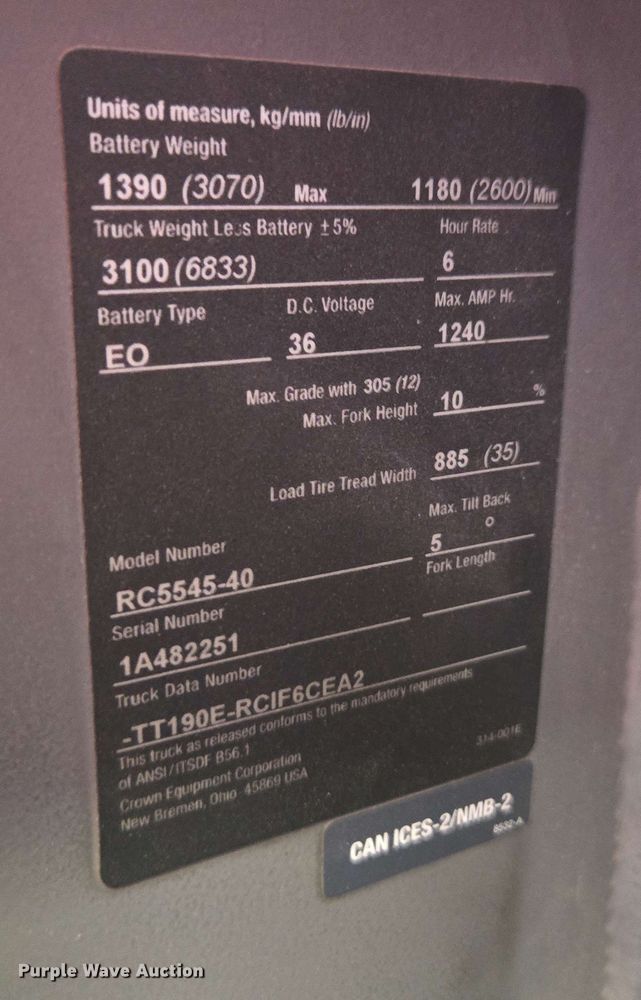 image for item DW1932 2017 Crown RC5545-40 forklift