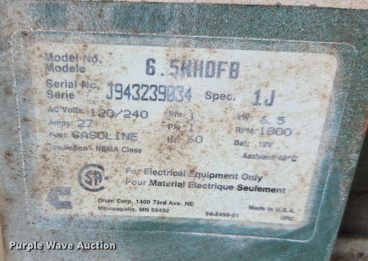 image for item DW1940 Onan 6.5NHDFB generator