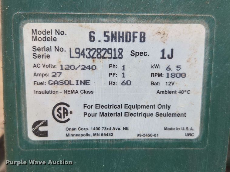 image for item DW1941 Onan 6.5NHDFB generator