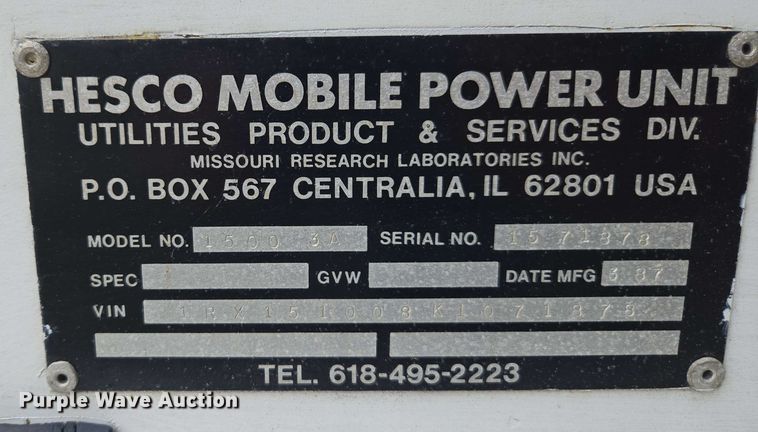image for item DW1942 1987 Hesco Mobile Power Unit 1500 3A generator
