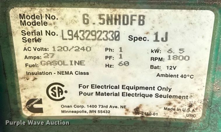 image for item DW1975 Onan Commercial 6500 generator