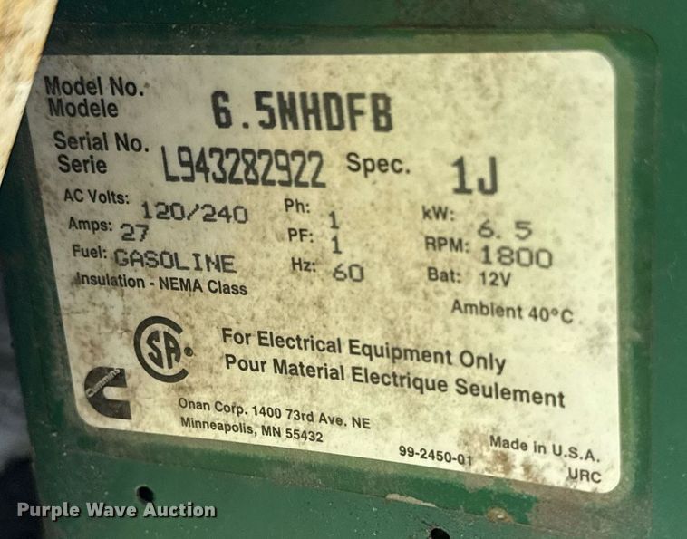 image for item DW1977 Onan Commercial 6500 generator
