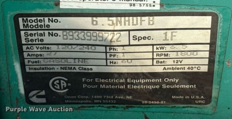 image for item DW1978 Onan 6.5 NHDFB generator