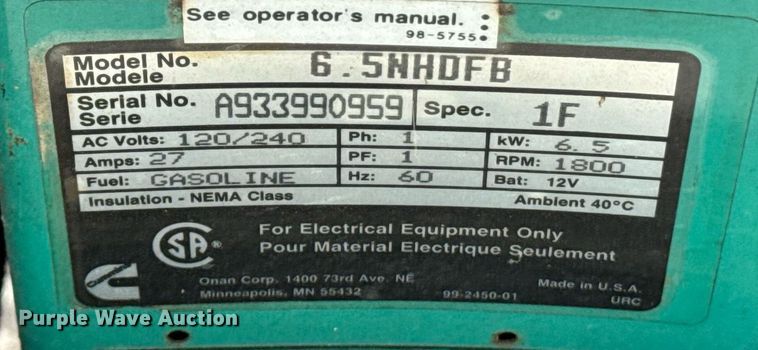 image for item DW1983 Onan 6.5 NHDFB generator